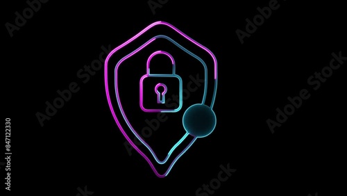 Abstract neon shine lock icon animation with black background. photo