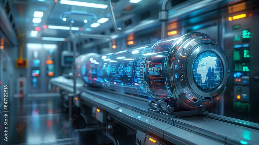 A futuristic hospital setting with a holographic diagnostic tool displaying a globe on a track. A futuristic hospital setting with a holographic diagnostic tool displaying a globe on a track.
