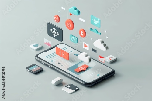 Mobile Phone with Floating Icons of Artificial Intelligence, Video, and Data on Light Grey Background Representing AI in Marketing for Virtual Events and Digital Transformation