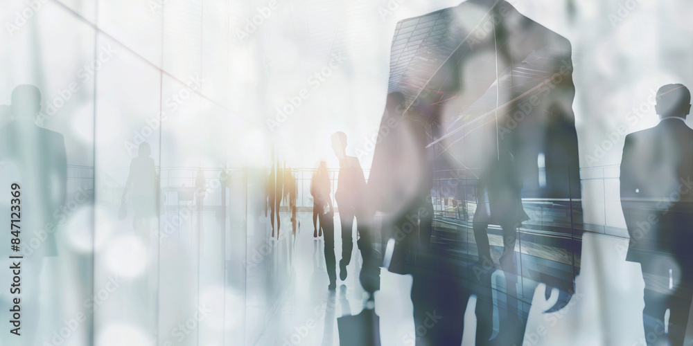 Silhouettes of urban commuters walking, overlaid with reflections of ...