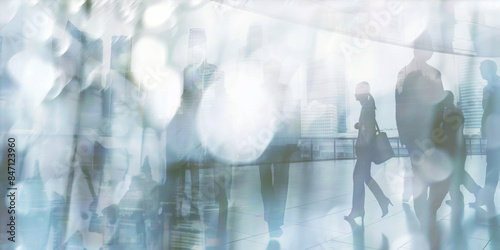 Silhouettes of business professionals walking through a modern office hallway with reflections and soft light, capturing urban corporate life.
