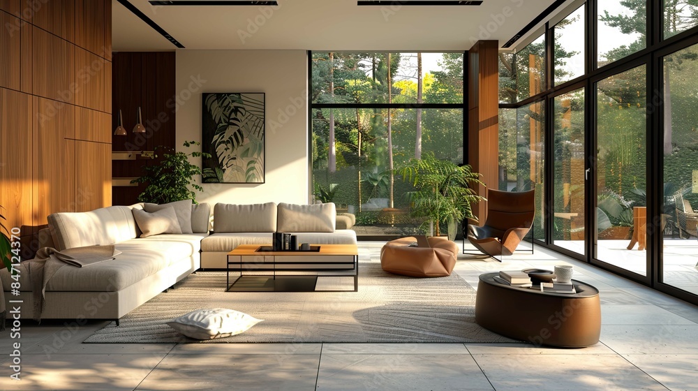 Modern living room with fireplace. AI generated art illustration. Modern living room with fireplace. AI generated art illustration.