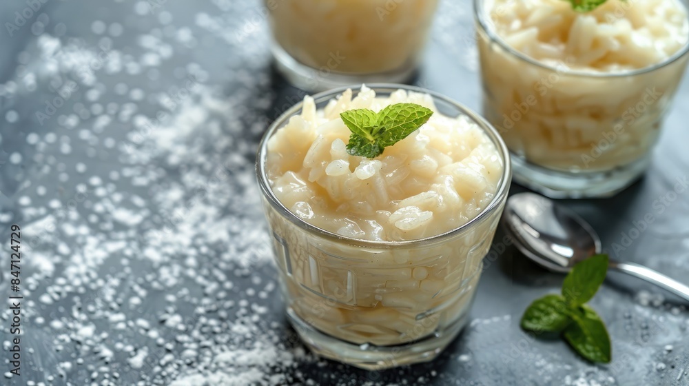Milky rice pudding dessert on gray background with local name sutlac Milky rice pudding dessert on gray background with local name sutlac