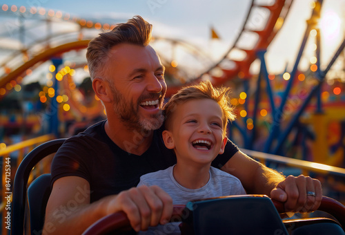Dad and son having fun on a rollercoaster ride