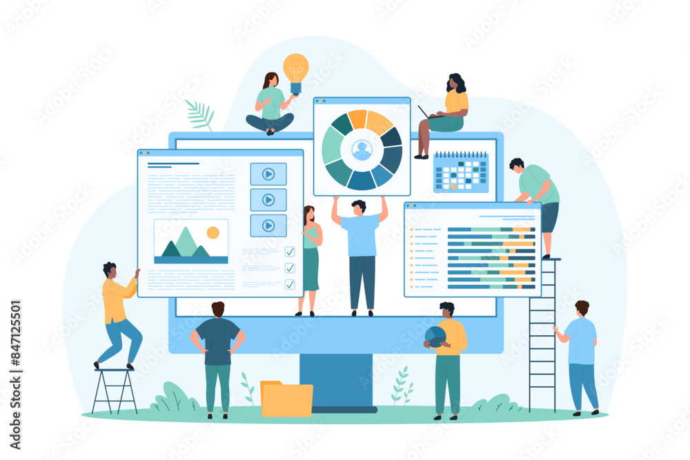 Online website development, plan and idea of building web site usability. Tiny people holding light bulb, software windows with video content and charts on computer screen cartoon vector illustration Online website development, plan and idea of building web site usability. Tiny people holding light bulb, software windows with video content and charts on computer screen cartoon vector illustration