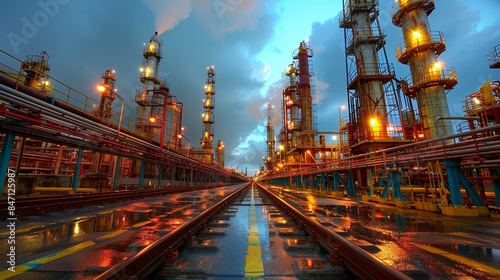 Low angle close up shot of complex pipeline networks of an oil refinery, taken soft morning light