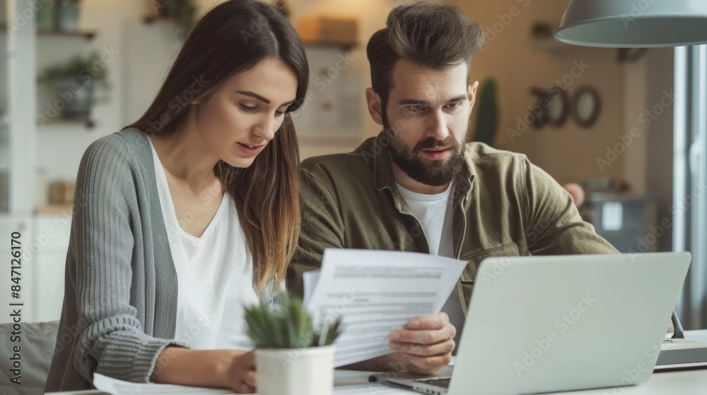 A man and a woman looking at paperwork on a laptop A man and a woman looking at paperwork on a laptop