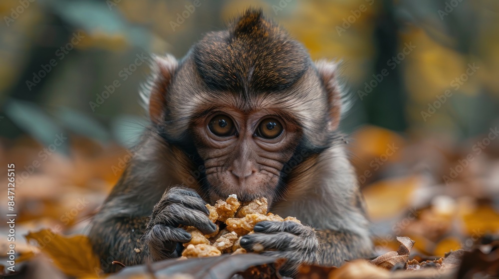 Fototapeta premium Hungry thin dirty monkey in a garbage dump eating food waste, photo realistic 