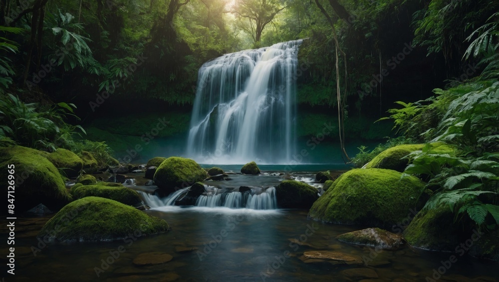 refreshing scene of a waterfall hidden in a lush forest. refreshing scene of a waterfall hidden in a lush forest.
