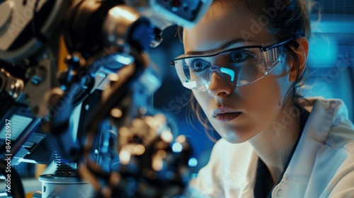 A woman in a lab coat is wearing goggles and looking at a machine