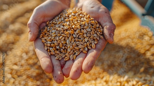 Wheat grains in hands of farmer in wheat field. © Joyce