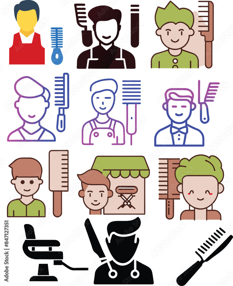 Barbershop icon set featuring barbers holding combs and scissors