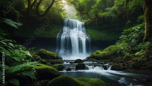 refreshing scene of a waterfall hidden in a lush forest.