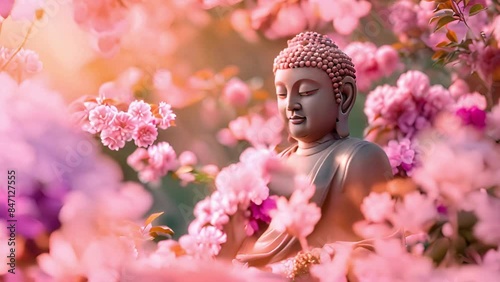 buddha statue in the background of blooming pink flowers with  zen style