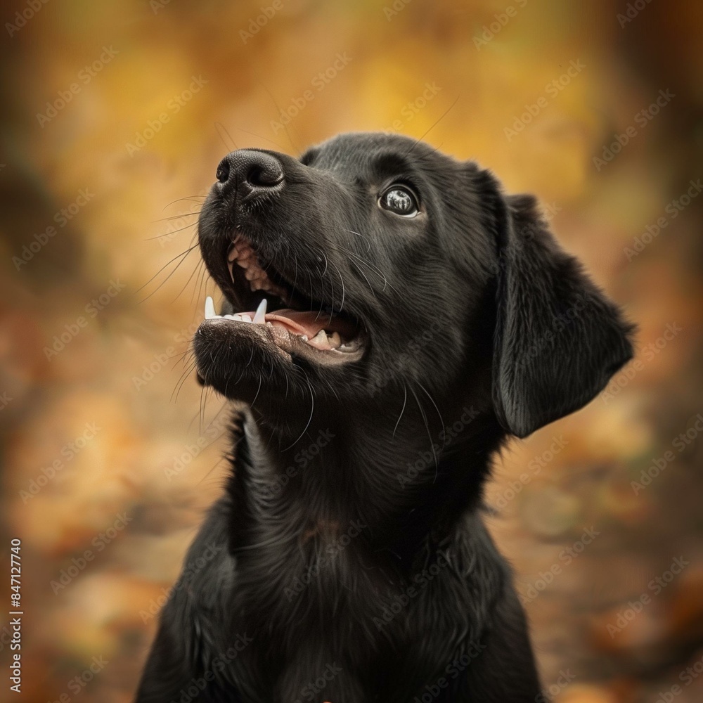 Happy Black Labrador Puppy Surrounded by Autumn Leaves. Happy Black Labrador Puppy Surrounded by Autumn Leaves.