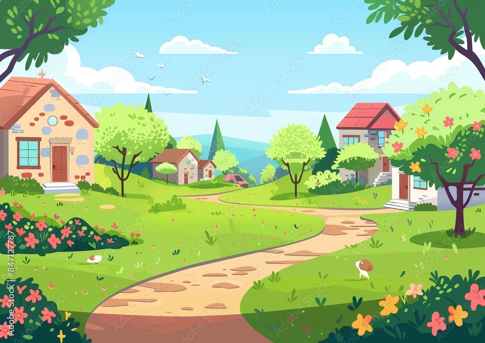 Idyllic Countryside Scene with Charming Houses and Lush Greenery