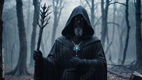 Portrait of a dark mage in a damned forest - Generative AI