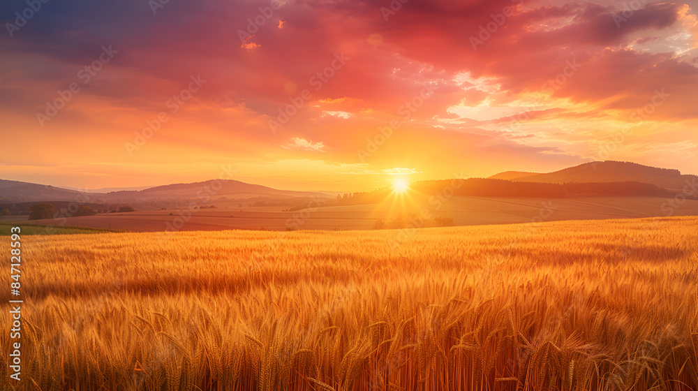 Fototapeta premium Sunset in the wheat field natural background