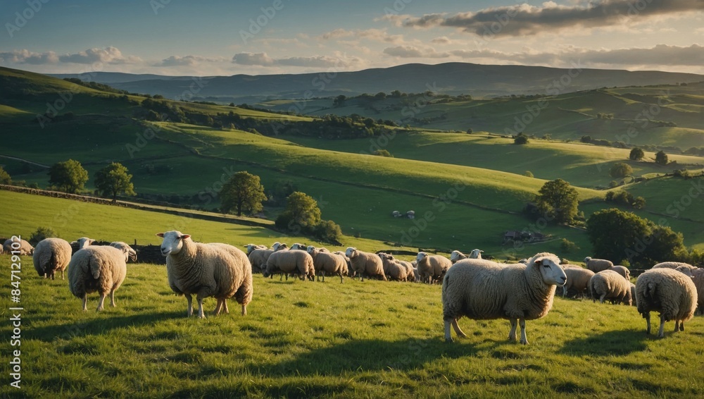 serene countryside landscape dotted with grazing sheep and rolling hills. serene countryside landscape dotted with grazing sheep and rolling hills.