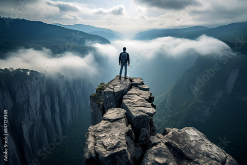 Man walking on the edge of a cliff high above the mountains