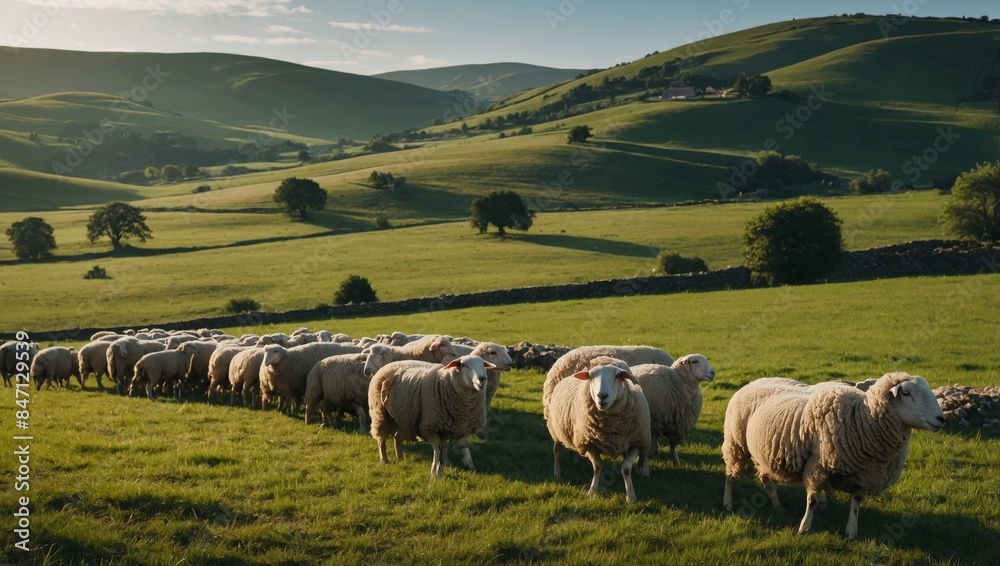 Fototapeta premium serene countryside landscape dotted with grazing sheep and rolling hills.