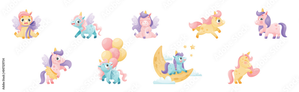 Naklejka premium Cute Unicorn with Twisted Horn and Mane Engaged in Different Activity Vector Set