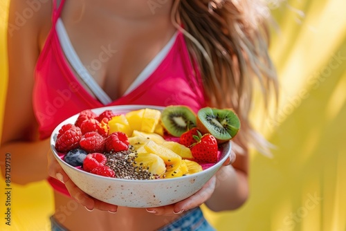 A young woman in sportswear holding a smoothie bowl topped with fruits. Yellow background