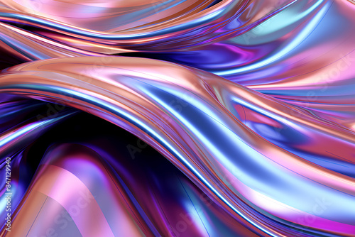 Fototapeta Naklejka Na Ścianę i Meble -  Metallic 3D image of abstract 3D futuristic cyberpunk 4k hyper realism detailed isolated colorful metallic reflective holographic flow silk irridescence