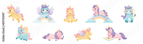 Cute Unicorn with Twisted Horn and Mane Engaged in Different Activity Vector Set