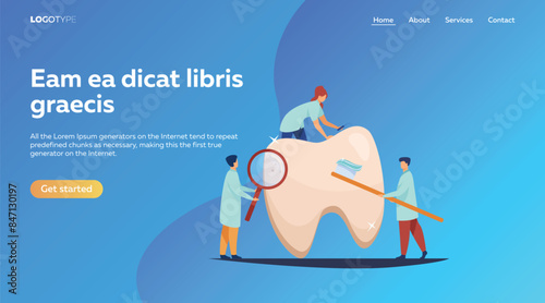 Team of dentists taking care of teeth. Small doctors examining, treating, cleaning, brushing big tooth. Vector illustration.