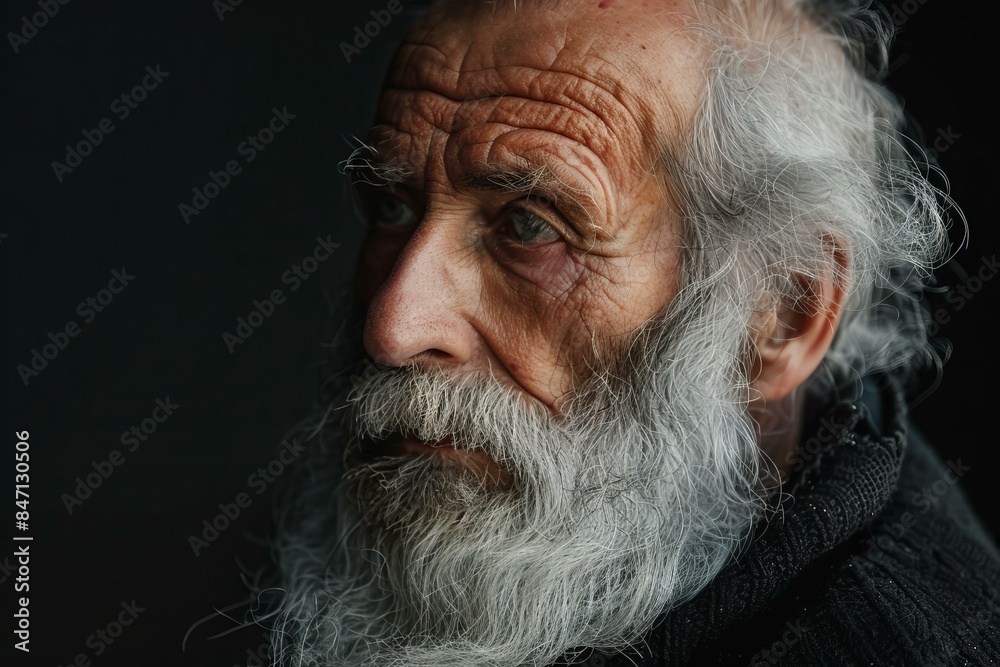 Elderly man with a long white beard is illuminated by soft window light against a black background Elderly man with a long white beard is illuminated by soft window light against a black background