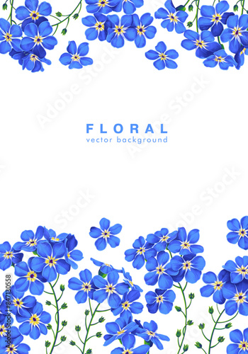 Vertical template with botanical frame. Blue delicate little forget-me-not flowers form a blooming design with space for your text. Fully hand drawn realistic plants.