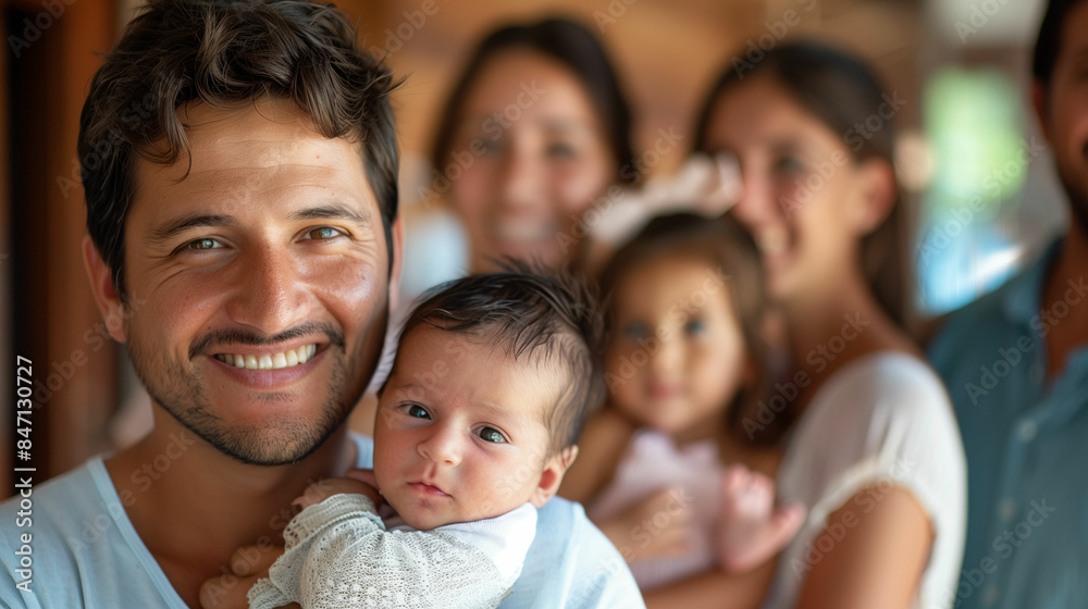 Hispanic father holding newborn baby in front of group Hispanic father holding newborn baby in front of group