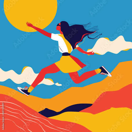 Young woman jumping reaching sun against blue sky abstract landscape. Dynamic pose, freedom, joy, bright colors, red skirt, white blouse, flowing hair, sneakers. Vibrant, contemporary design