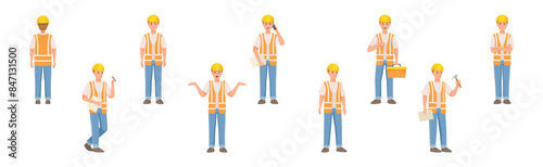 Man Builder Character in Hard Hat and Vest in Different Pose and Gesture Vector Set