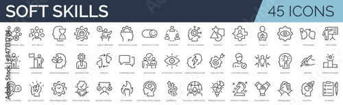 Set of 45 outline icons related to soft skills. Linear icon collection. Editable stroke. Vector illustration