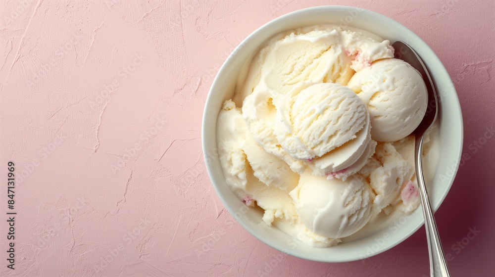 Delicious Vegan Ice Cream in a White Bowl on Pink Background with Copy Space. Delicious Vegan Ice Cream in a White Bowl on Pink Background with Copy Space.