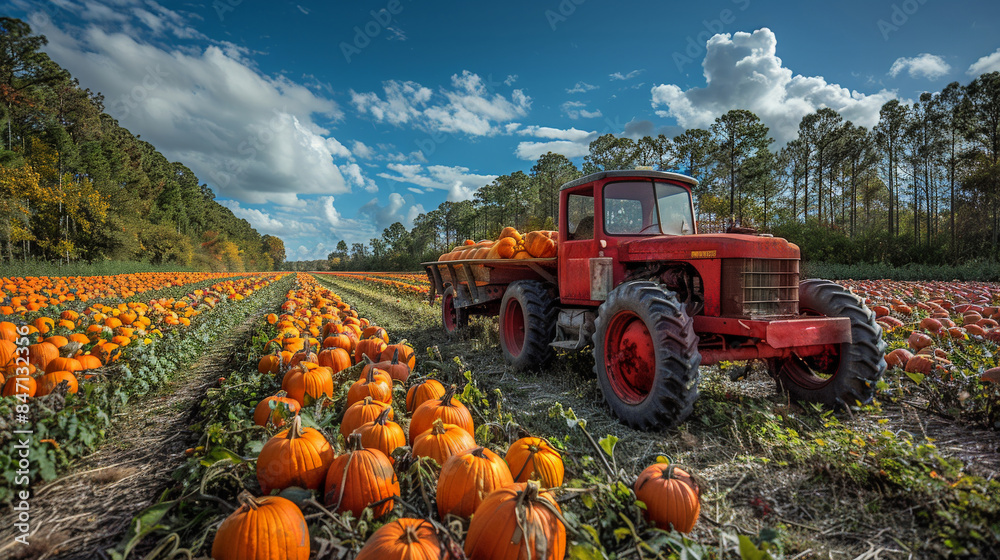 Obraz premium Tractor in pumpkin field during harvest season, orange pumpkins ready collected, autumn agriculture