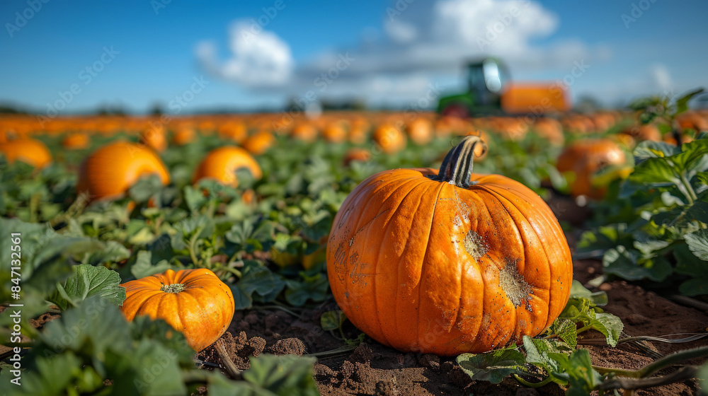 Tractor in pumpkin field during harvest season, orange pumpkins ready collected, autumn agriculture Tractor in pumpkin field during harvest season, orange pumpkins ready collected, autumn agriculture