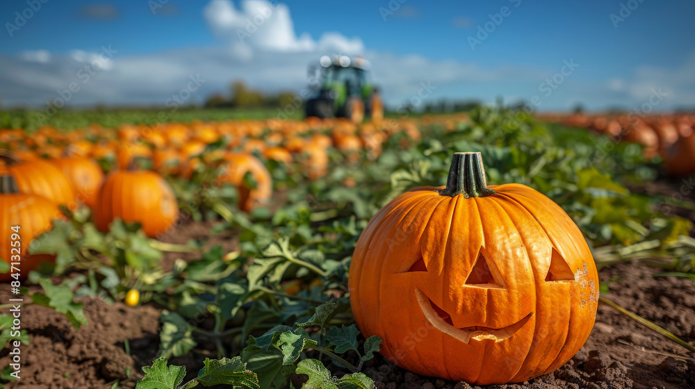 Carved Halloween pumpkin field under clear, symbolizing festive spirit traditions autumn Halloween Carved Halloween pumpkin field under clear, symbolizing festive spirit traditions autumn Halloween