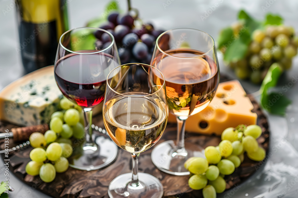 Serving wine in glasses with grapes and gourmet cheese. Bordeaux Wine Festival. Glasses with white, rose, red wine and cheese platter on rustic backdrop. Drink for party, wine shop or wine tasting Serving wine in glasses with grapes and gourmet cheese. Bordeaux Wine Festival. Glasses with white, rose, red wine and cheese platter on rustic backdrop. Drink for party, wine shop or wine tasting