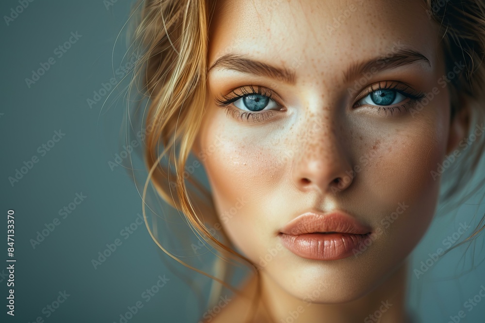 Beautiful blonde woman with freckles is posing on blue background Beautiful blonde woman with freckles is posing on blue background