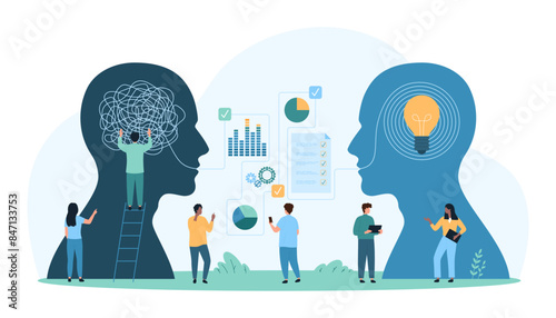 Mentor assistance, visualization of coaching communication and mentoring. Tiny people unraveling mess of thread with transformation into order and light bulb inside heads cartoon vector illustration