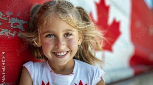 Smiling girl in a candid shot with a Canada flag, ample copy space on a red and white background © Nicky