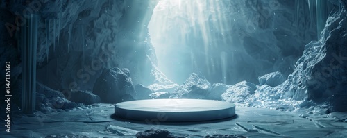 Dynamic mockup featuring a central podium in a mystical ice cave with light rays