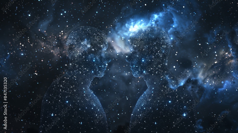 Fototapeta premium Gemini twins visualized as mirror images in a starry cosmic backdrop