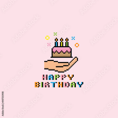 pixel happy birthday icon 8 bit, pixel art birthday icon card logo.