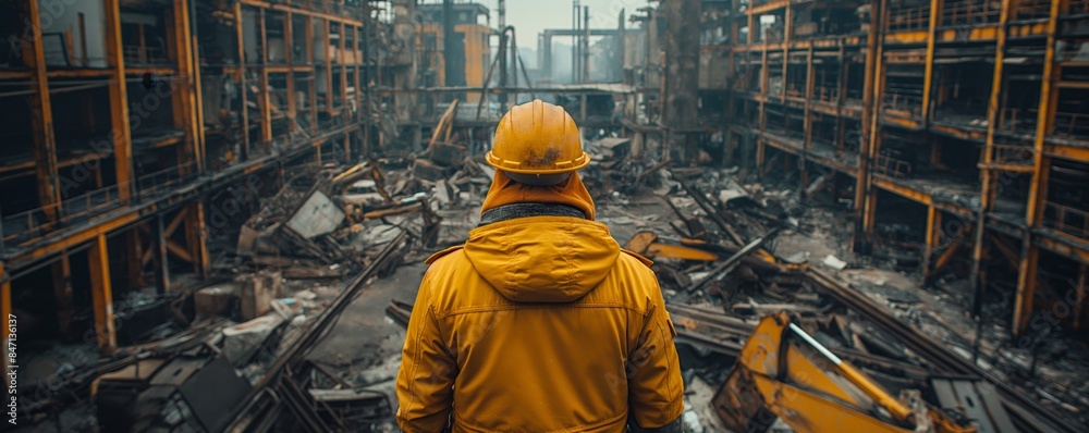 Worker overlooking industrial ruins Worker overlooking industrial ruins