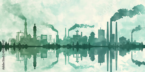 Digitally created landscape of an industrial city with a mirrored reflection in still waters, conceptual on environmental themes