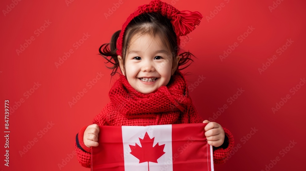 Joyful child holding a Canadian flag, candidly captured with ample copy space on a red and white backdrop Joyful child holding a Canadian flag, candidly captured with ample copy space on a red and white backdrop